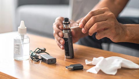 Personne utilisant un soufflet pour nettoyer un appareil électronique