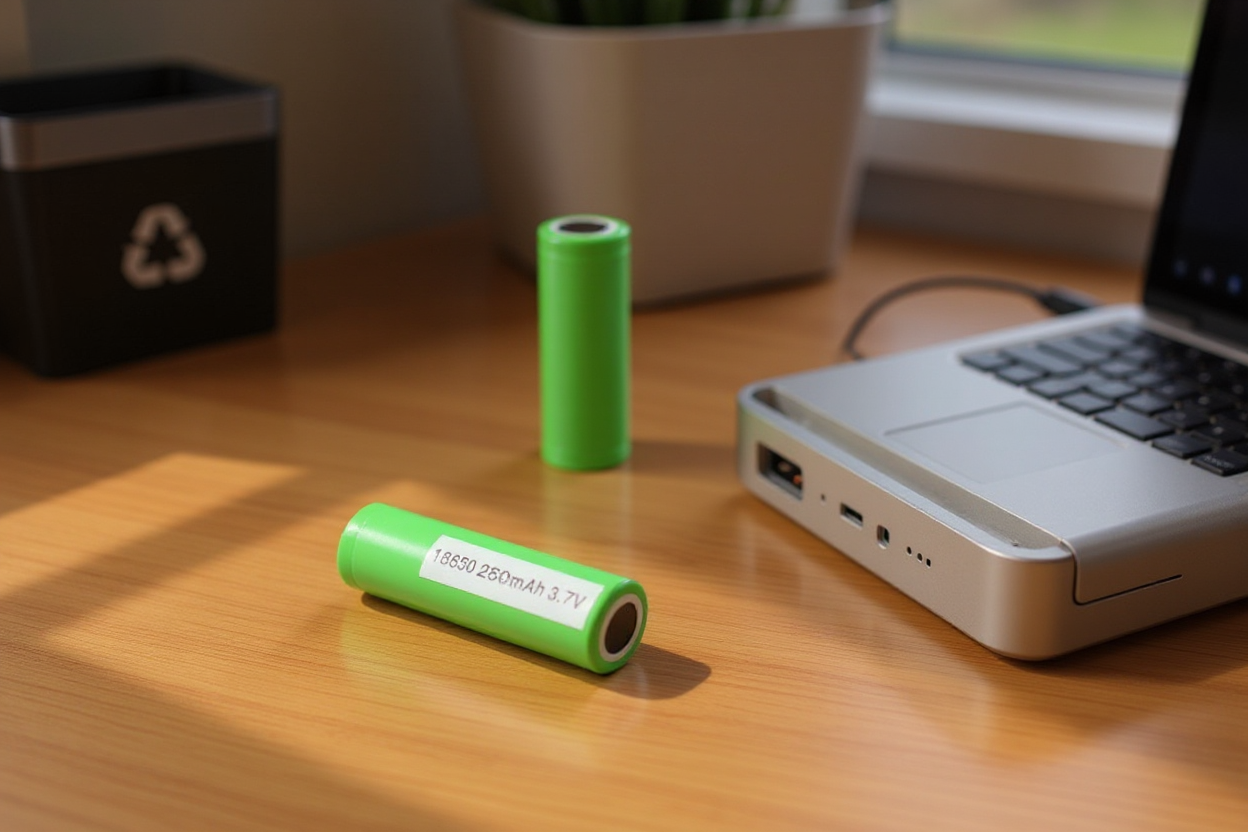 Batterie 18650 Samsung sur un bureau avec station de charge et symbole de recyclage