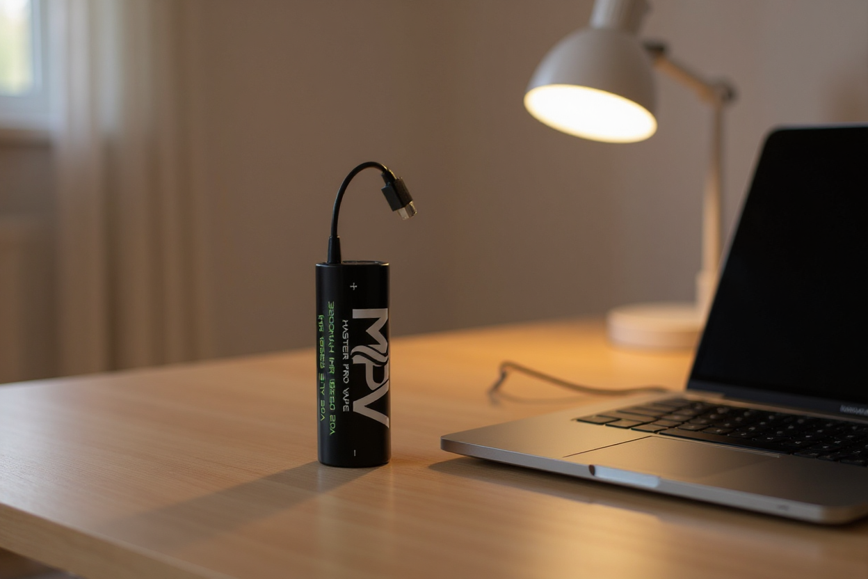 Batterie 18650 MPV en cours de rechargement sur un bureau moderne